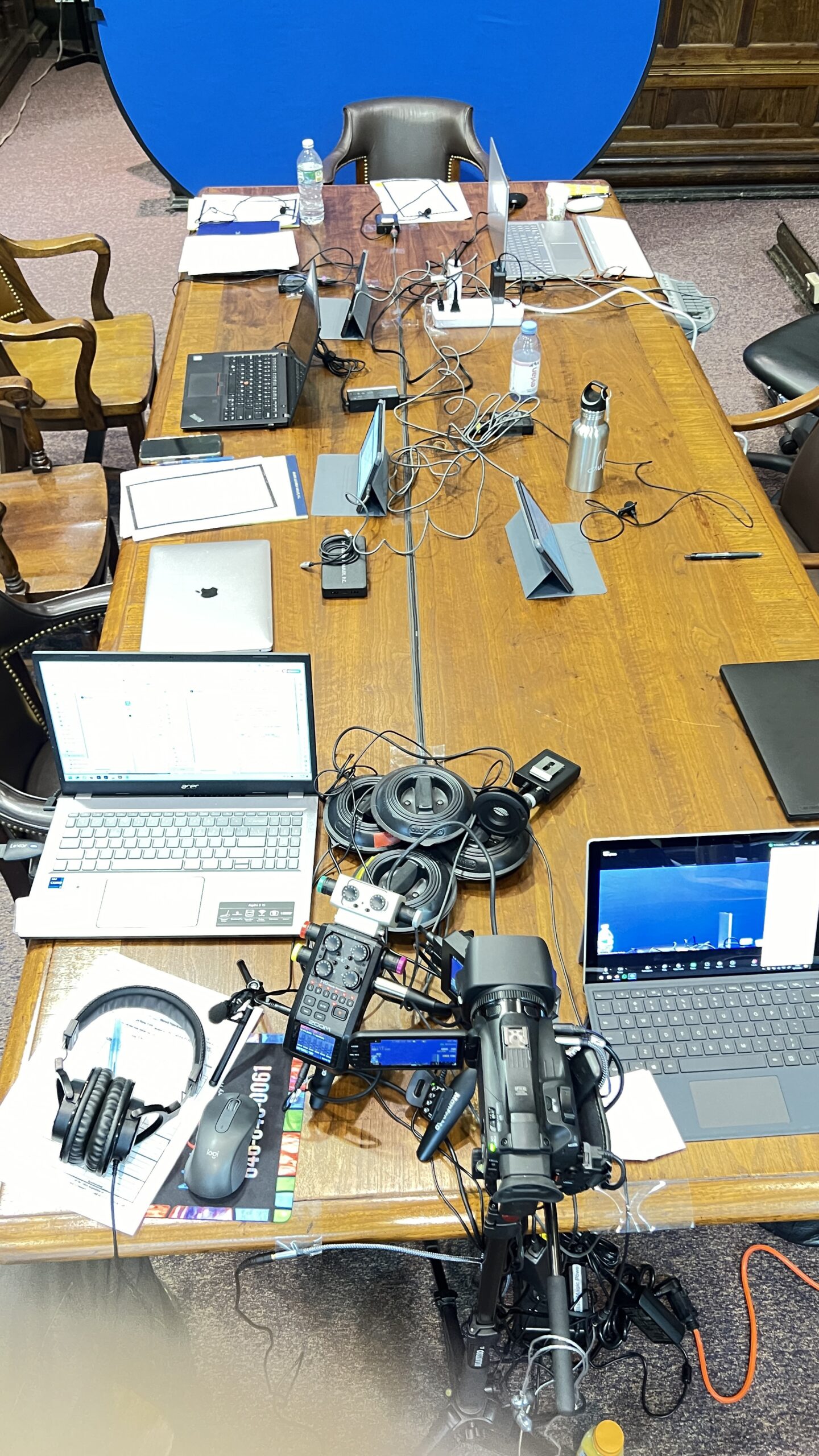 Deposition recording gear in use on conference room table