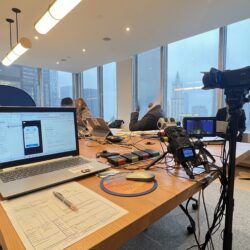 Deposition recording gear in use on conference room table