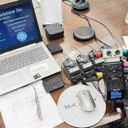 Deposition recording gear in use on conference room table